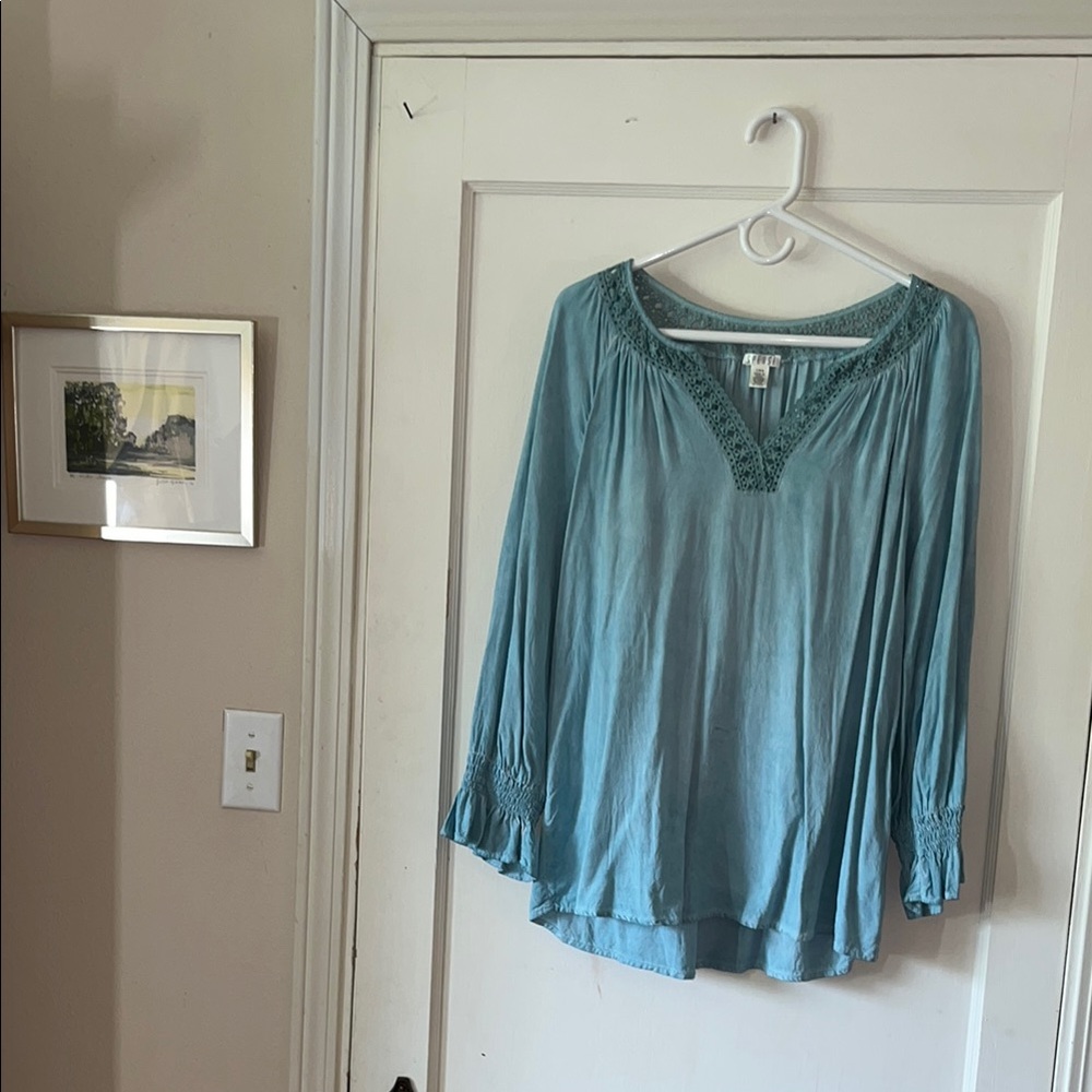 Spense Teal Peasant Blouse with‎ Lace Detail L